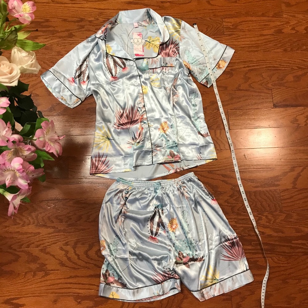 Satin light blue cactus print pajama pj set